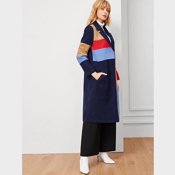 Blue Color Block Midi Coat w/Pockets - Picture 3 of 6